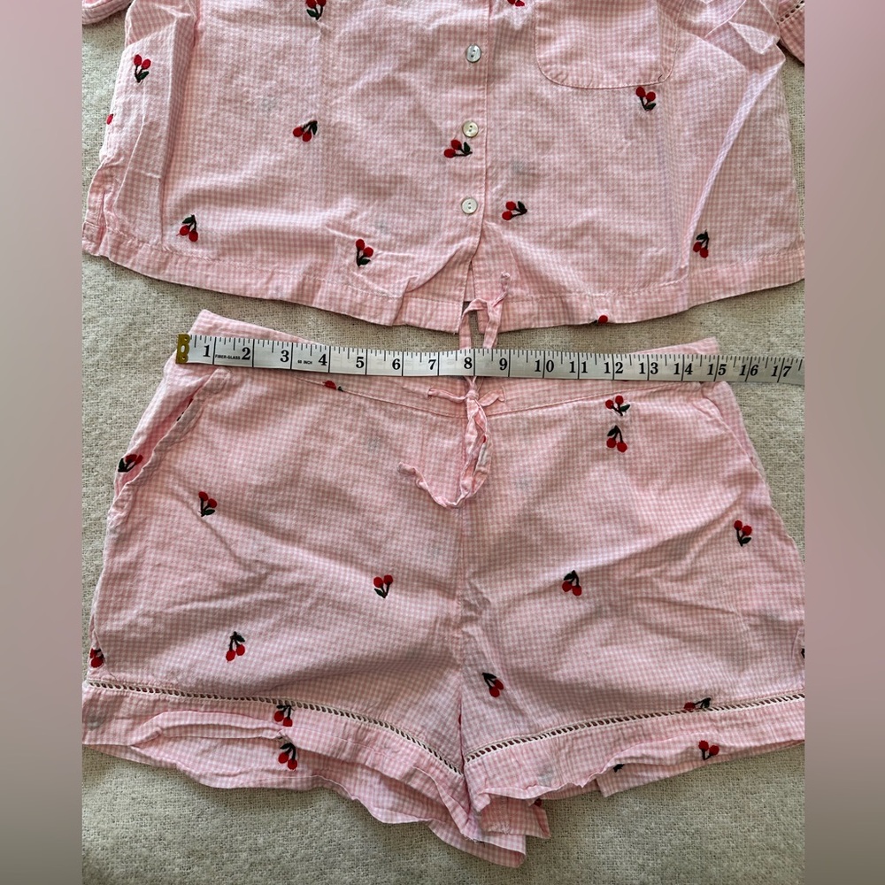 Cynthia Rowley Pink Gingham with Embroidered Cherries Pajama Set - Size Medium - Picture 5 of 7